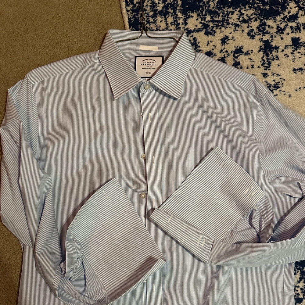 Men's Charles Tyrwhitt 17x35 Slim Fit Blue Striped Dress Shirt - French Cuff